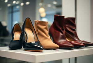 A stylish display of various women's shoes on a white shelf includes chic black patent leather heels, beige ankle boots, and two pairs of red heeled boots. These fashionable choices not only create the illusion of smaller feet but also provide trendy options for fashion enthusiasts.