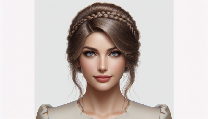 Woman with medium hair in an elegant half-up style with a fishtail braid, versatile for casual and formal occasions.