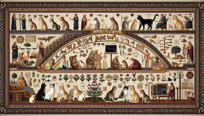 A historical tapestry showing cats, humans, and catnip plants, illustrating their evolving bond and cultural significance.