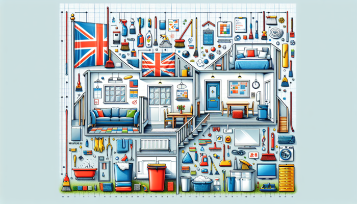 Detailed guide illustrating UK home spring cleaning process, room-by-room, with labeled steps and tools.