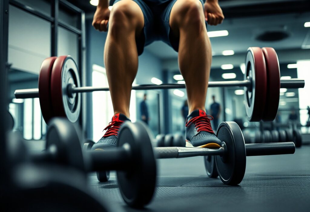 A person wearing red and black athletic shoes is preparing to lift a barbell with additional weights on the floor of a gym. The focus is on their legs and the barbell, with gym equipment visible in the background.