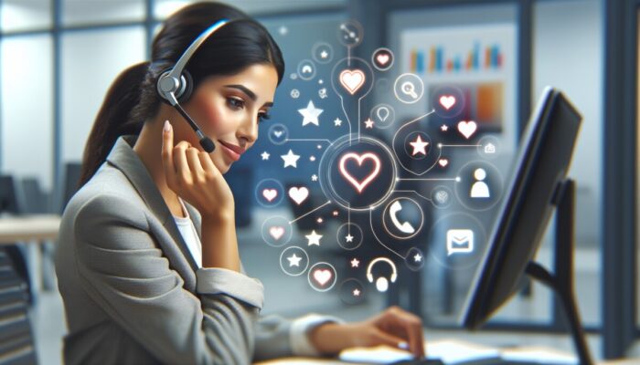 A customer service representative listening attentively with headset, surrounded by stars and hearts in a bright office.