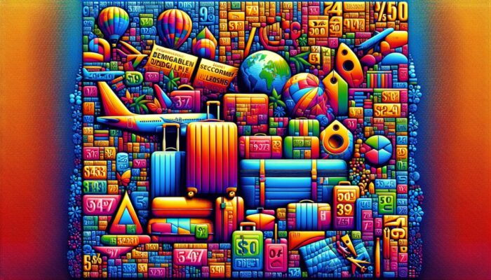 A vibrant travel poster with budget-friendly destinations, colorful price tags, and discount stickers for cost-conscious travelers.