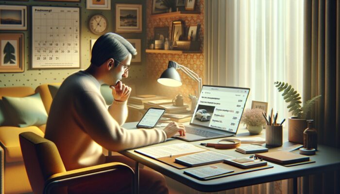 User comparing car rental prices on laptop with Kayak and Google Compare, in cozy home office.
