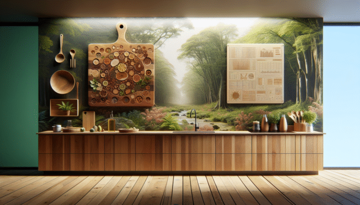 A sustainable kitchen scene featuring a wooden cutting board made from maple, walnut, and cherry, set against a sustainably managed forest.