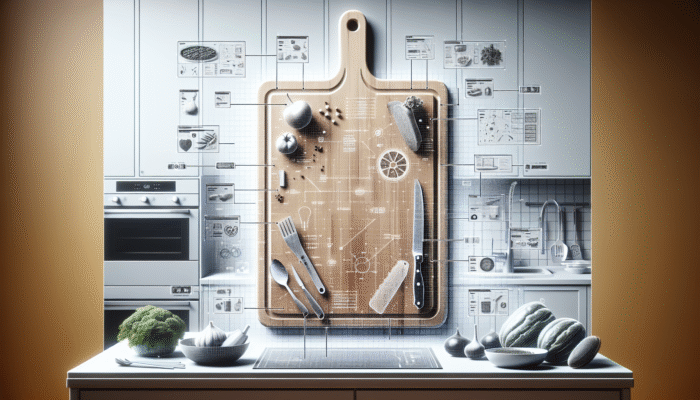 A sturdy, eco-friendly cutting board in a modern kitchen, showcasing principles of sustainability and minimal waste.