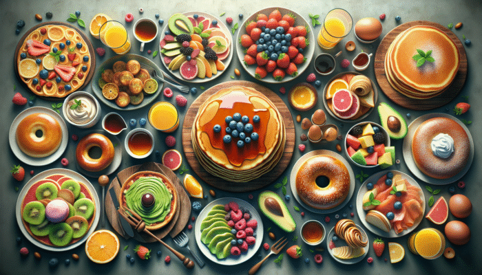 A vibrant breakfast spread with pancakes, avocado toast, fruits, quiches, and salmon bagels.