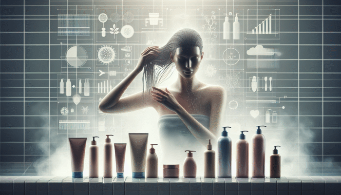 A woman applying conditioner to her salon-treated hair, surrounded by moisturizing products in a luxurious bathroom.