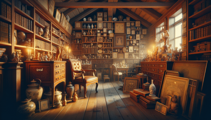 Vintage Ercol furniture, rare books, and collectibles in a golden-lit attic.