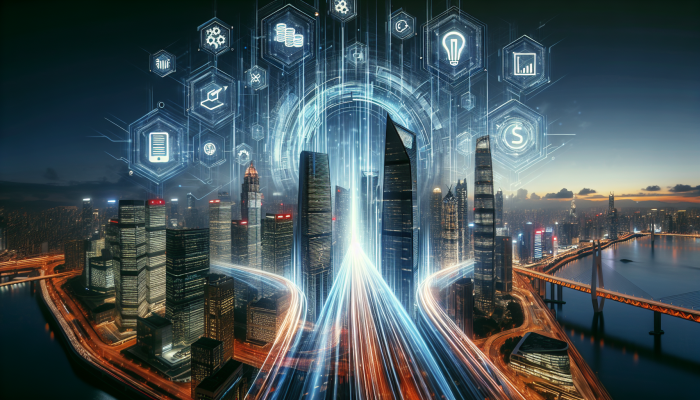 Debt Consolidation Loans from Fintech Companies: A Guide | DCL Futuristic cityscape adorned with fintech logos, data streams symbolizing the efficiency of debt consolidation.