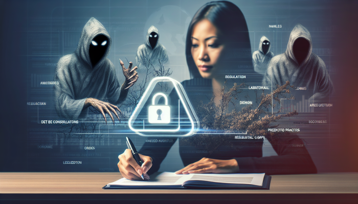 Debt Consolidation Loans from Fintech Companies: A Guide | DCL Individual signing fintech loan documents, with shadowy figures representing regulatory gaps and potential risks.