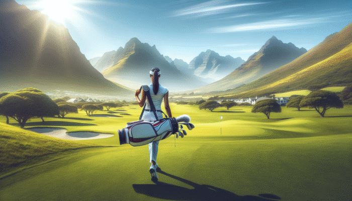 A golfer carrying a lightweight golf bag on Fancourt's fairways with mountains in the background.