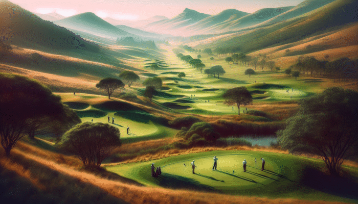 Golfers playing at Gowrie Farm Golf Course, KwaZulu-Natal Midlands, South Africa, 1994, surrounded by lush landscapes.
