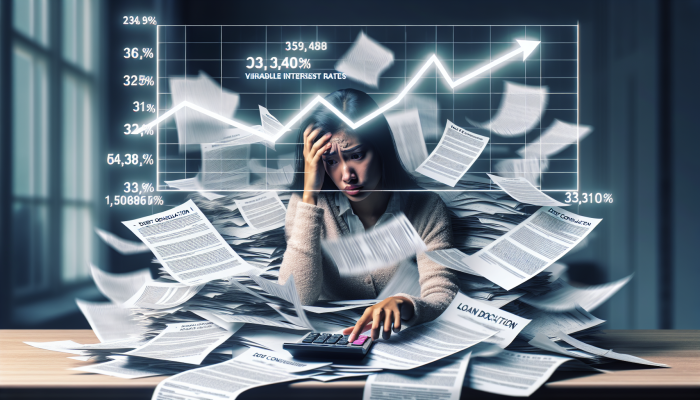 Debt Consolidation Loan Myths Beginners Believe | DCL Debt Consolidation Loan Myths: Person at desk, overwhelmed by loan documents, comparing interest rates on calculator with fluctuating rate chart.