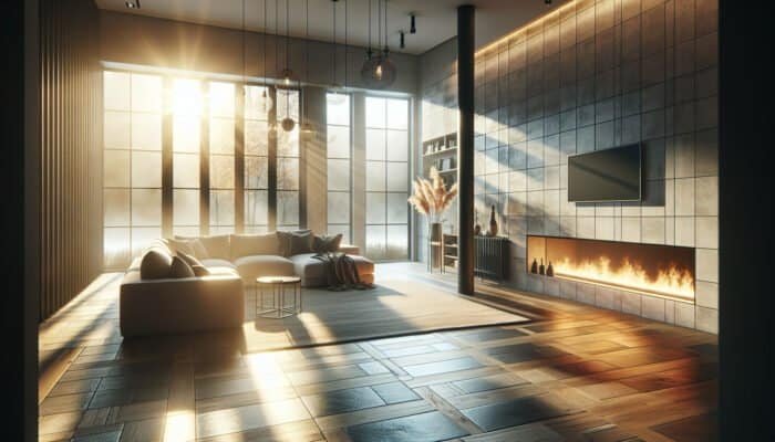 Modern living room with underfloor heating, warm stone tiles, dust-free, serene atmosphere enhancing mood and comfort.