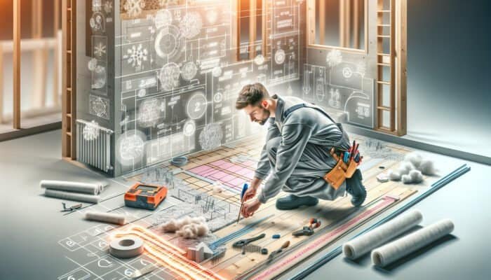 A professional installer assesses a home's floor and insulation for underfloor heating installation.