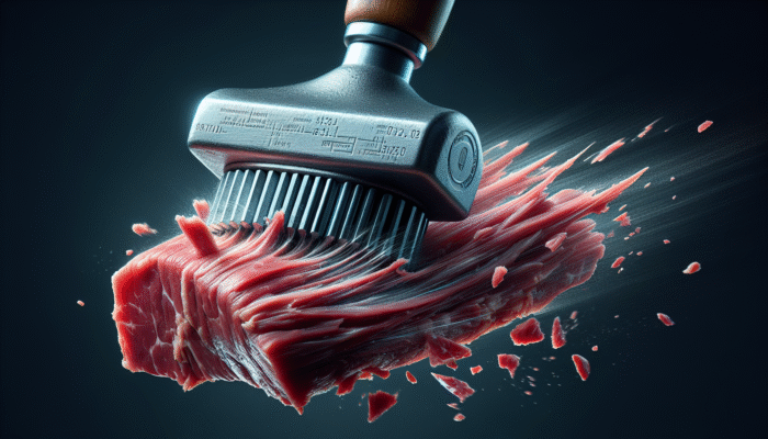 A meat tenderizer disrupting tough muscle fibers in brisket, enhancing tenderness.