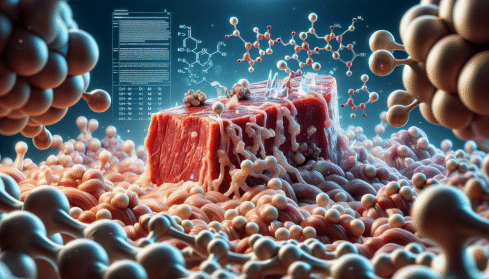 Enzymes in meat tenderizer breaking down protein fibers in a steak, enhancing flavor and texture.