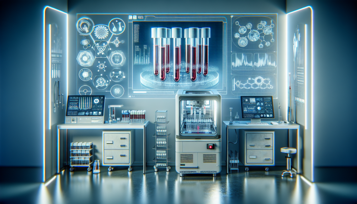 A modern lab setup with a blood test incubator, digital screen showing steps, and scientific equipment.