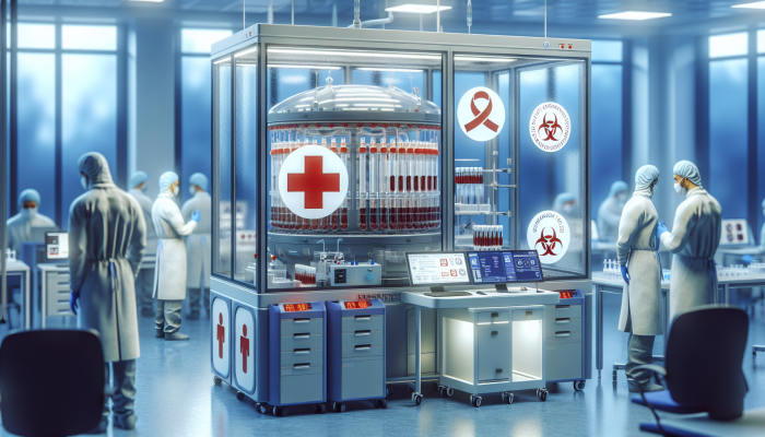 Modern UK lab with blood test incubator, staff in protective gear, CQC and HSE compliance certificates visible.