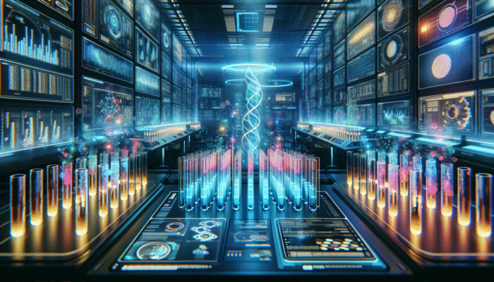 A high-tech laboratory featuring glowing test tubes and digital screens displaying protein absorption data.