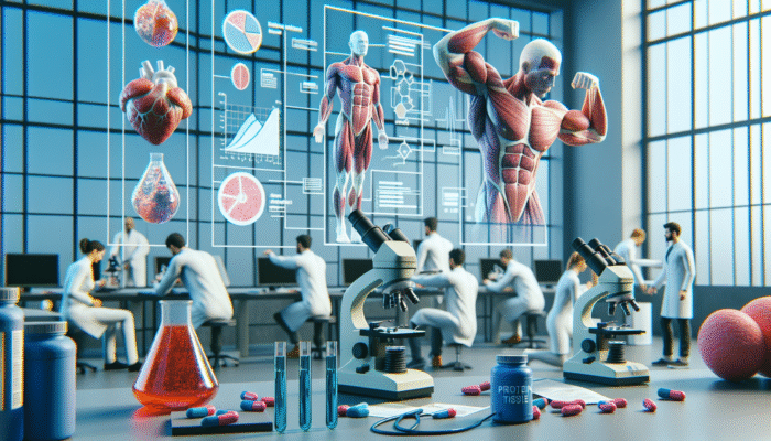 Researchers examining muscle tissue samples under microscopes, with charts and protein supplements nearby.