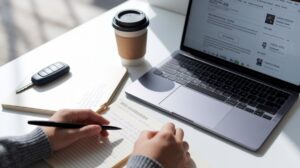 A person writes in a notebook with a pen beside an open laptop displaying text. On the white desk are a takeaway coffee cup, a closed notebook, and a car key—possibly after reading car rental reviews for essential tips in this bright, focused workspace.