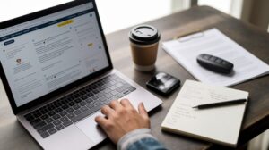 A person uses a laptop on a desk with a coffee cup, notepad, pen, wallet, car key, and documents. The open laptop displays car rental reviews and renting a car tips, suggesting they're reading reviews before renting a car for their work or study session.