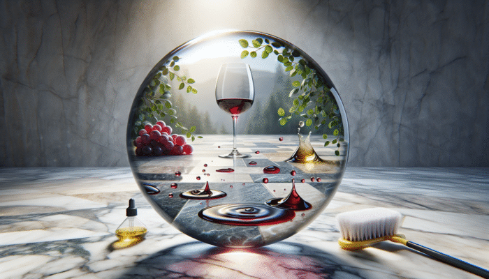 A pristine stone floor with sealant repelling wine, oil, and cleaning solution to prevent stains.
