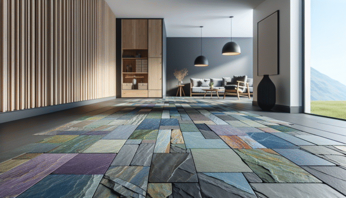 Slate Floor Maintenance: Welsh slate flooring in a modern UK home, showcasing a range of deep blues, purples, greens, and greys.