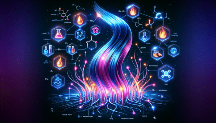 What is a Bond-Building Hair Treatment: Illustration of hair strands with reconnecting disulfide bonds, surrounded by symbols of hair damage causes.