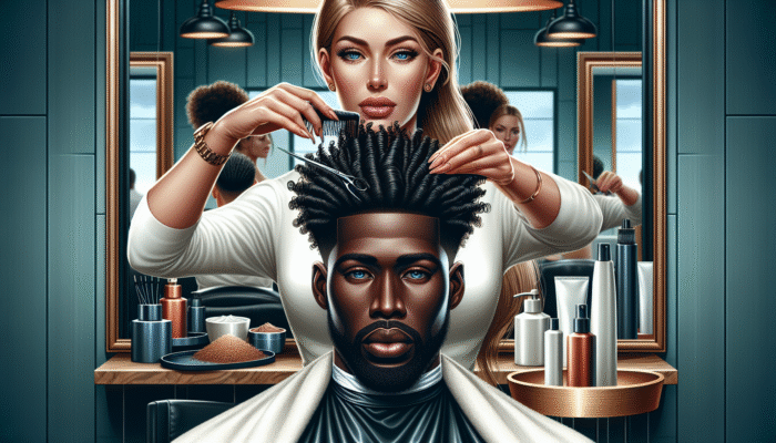 A client receiving a bond-building hair treatment in a luxurious salon, with a stylist applying an advanced formula to repair split ends and damaged hair, showing a before-and-after transformation.