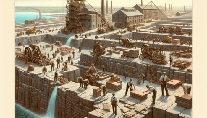 Industrial-era quarry in South Lanarkshire featuring workers processing diverse flagstone slabs, symbolizing increased accessibility and popularity.