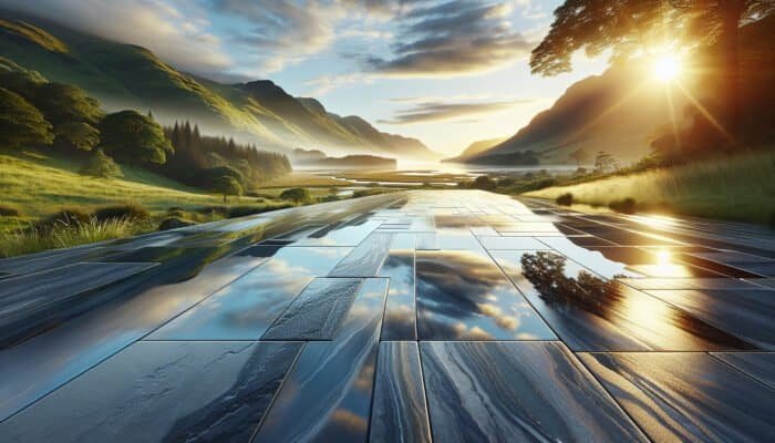The Significance of Waterproofing Stone Floors in Inverclyde: A beautiful landscape showcasing a luxurious waterproofed stone floor reflecting its vibrant environment, demonstrating durability and protection.