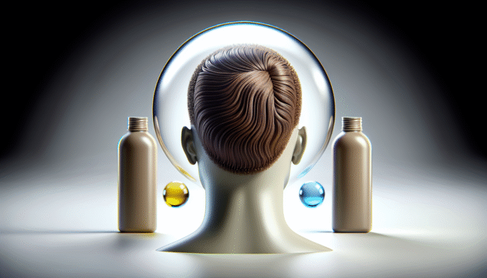 Individual with revitalized hair using dry shampoo, surrounded by several bottles, showing slight greasiness and irritation.