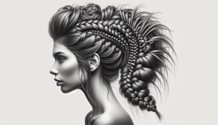 Woman with difficult hair styled in intricate fishtail and Dutch braids, showcasing texture and volume.