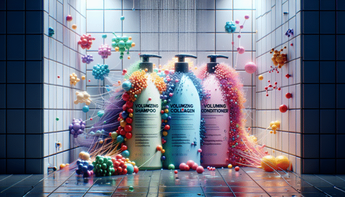 Treatments for Fine Hair That Add Body: Bottles of volumizing shampoo and conditioner with biotin, collagen, panthenol, surrounded by thick hair strands.