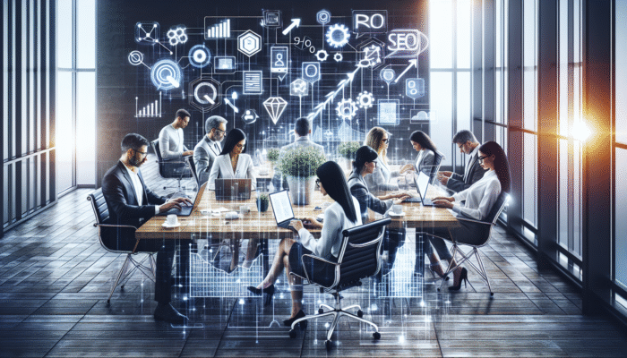 Entrepreneurs and SMEs collaborating with digital devices in a modern office, implementing effective SEO strategies leading to improved website rankings.