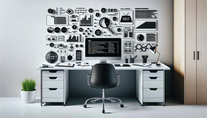 A minimalist desk equipped with a computer displaying SEO analytics, utilizing tools like Yoast and Google Keyword Planner, with an emphasis on content creation and link building.
