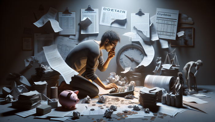 Understanding Debt Consolidation: Potential Risks Explained | DCL Individual in a dimly lit room, surrounded by financial documents, anxiously calculating extended debt repayment with a calculator, calendar indicating prolonged dates.