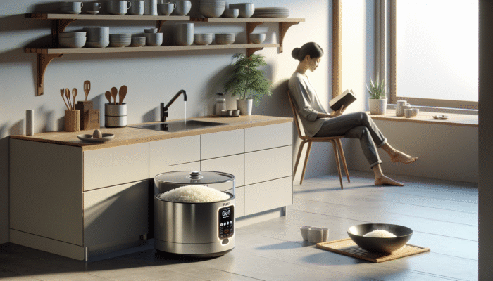 Modern rice cooker autonomously cooking fluffy rice, person relaxing with a book.