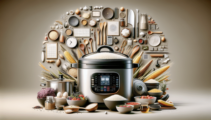 A modern kitchen showcasing a versatile rice cooker steaming various rice types and cooking a complete meal.