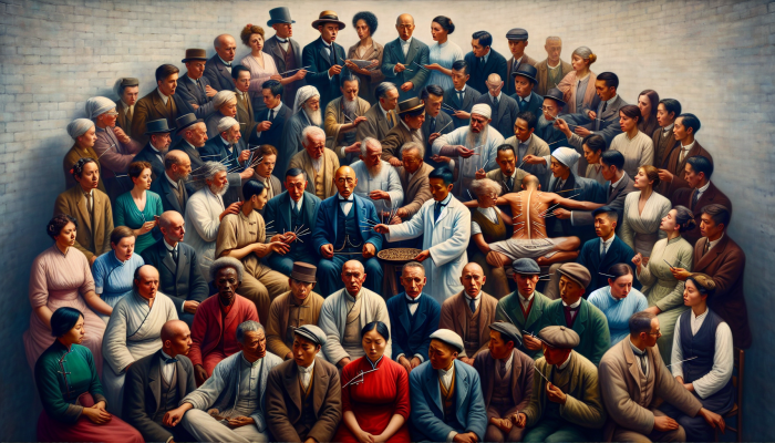 Early 20th-century British individuals engaging with an acupuncturist, highlighting a blend of curiosity and skepticism towards this ancient Chinese healing practice.