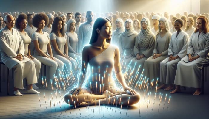 A tranquil Asian woman undergoing acupuncture, surrounded by glowing needles, while observed by a diverse group.