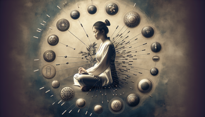 A calm Asian woman undergoing acupuncture, surrounded by symbols of acupressure, reflexology, and cupping therapies.