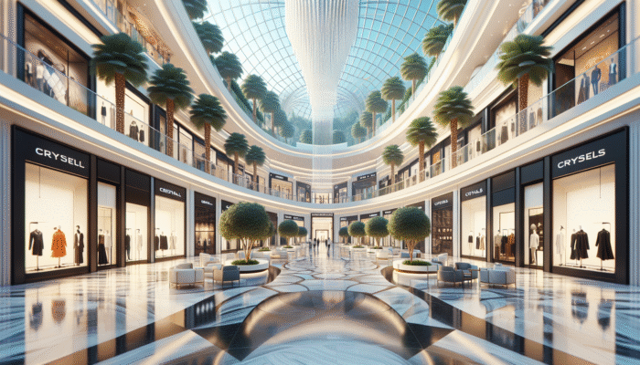 Luxurious shopping scene at Shops at Crystals, featuring high-end boutiques including Louis Vuitton, Gucci, and Prada.