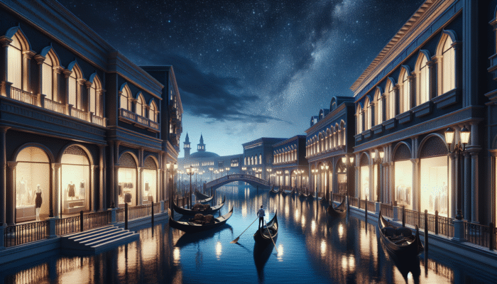 A nighttime view of Grand Canal Shoppes featuring gondolas on shimmering water under a starry sky.