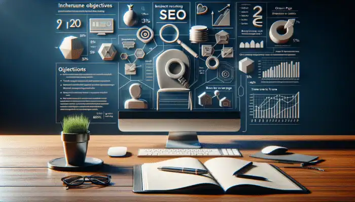 Workspace featuring a computer displaying SEO analytics, a notepad with objectives, and user engagement graphs.