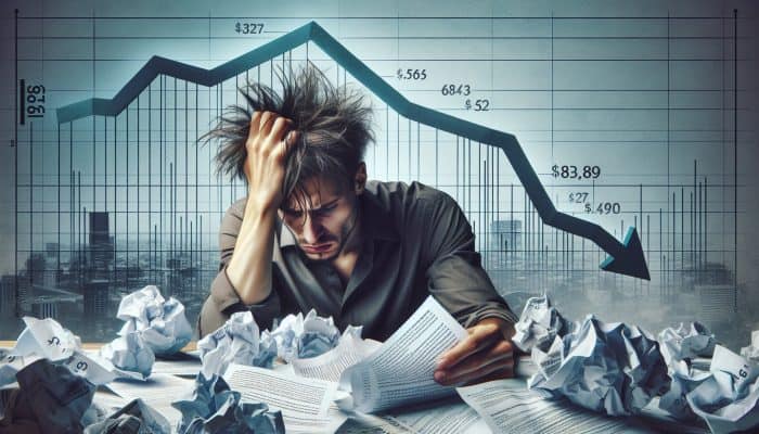 A person amidst bills and legal notices, with a falling credit score graph, illustrating debt consolidation default consequences.