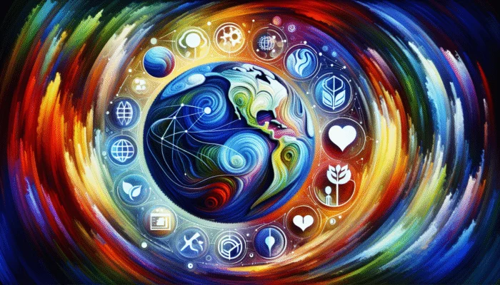 A colorful digital illustration featuring a globe and various trending topics connected by universal strategies in a modern, abstract style.